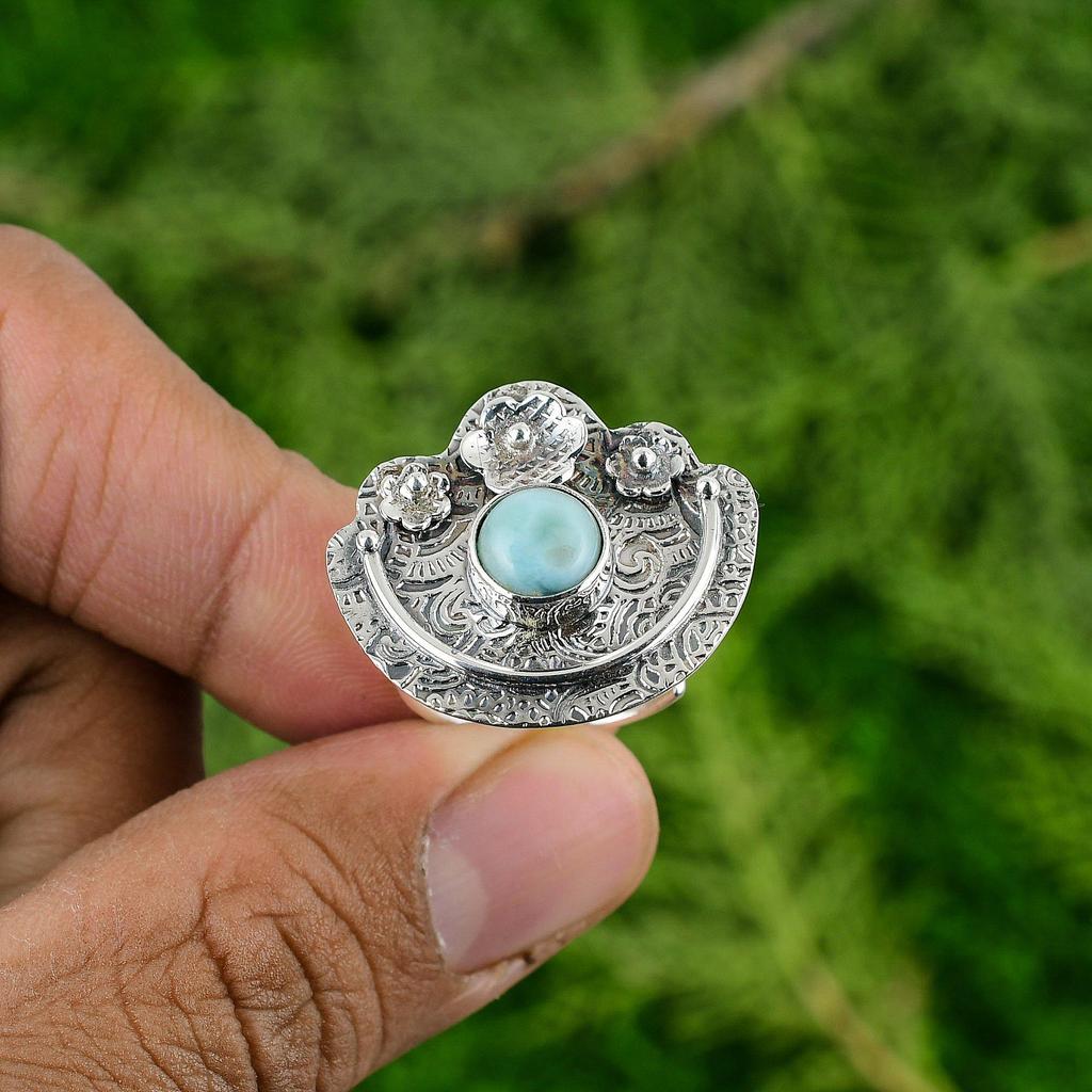 Natural Larimar 925 Silver Multi Stone Flower Mother Promise Throat Chakra Ring