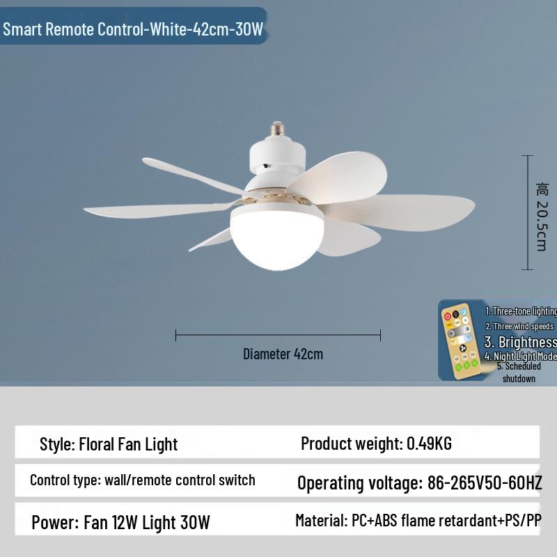 Silent Flower Pattern LED Ceiling Fan with E27 Base, Six Detachable Blades for Home, Bedroom, and Living Room.