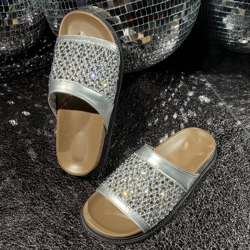 Large size thick-soled rhinestone flat-soled sandals for women's summer new sandals for women