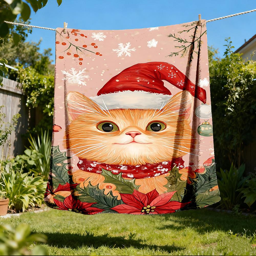1pc Christmas Cat Decorations Outdoor Flannel Blanket , Machine Washable Perfect Gift for Birthday , Holiday Travel Accessory , Durable Material