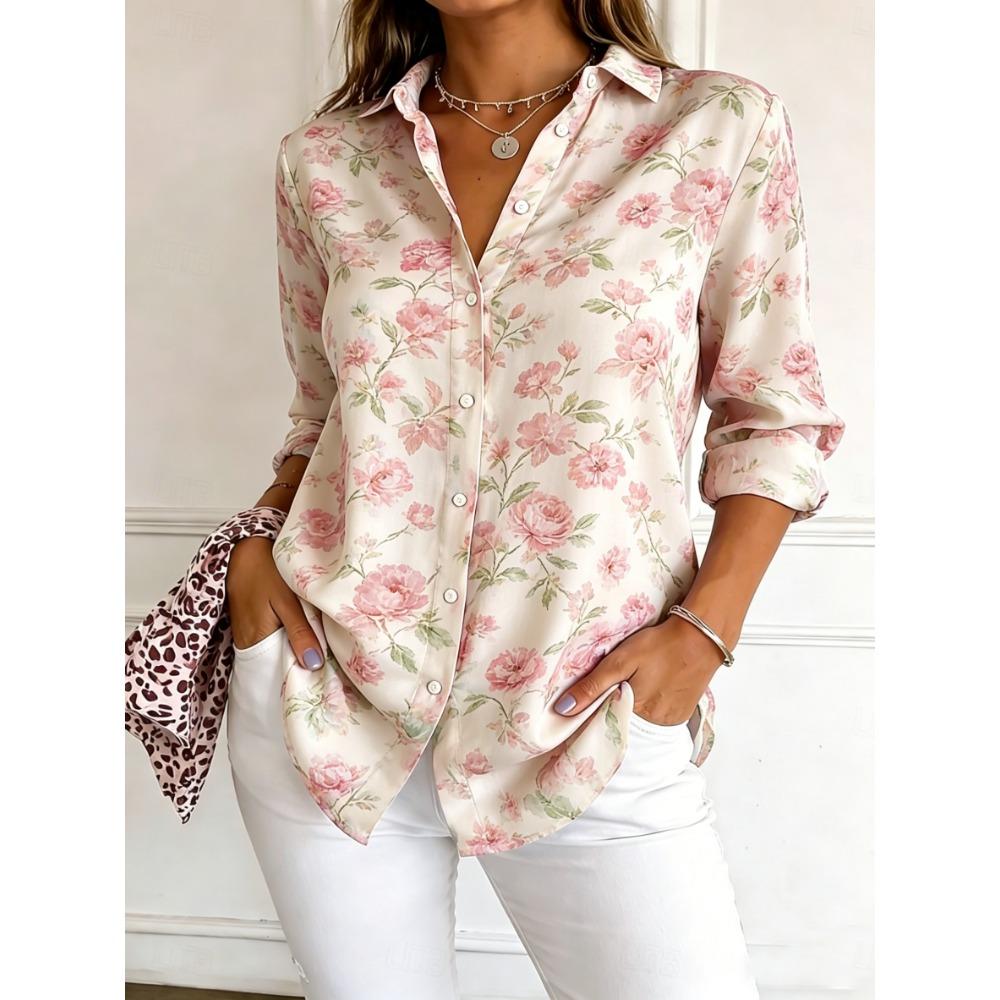 Women's Long Sleeve Floral Print Button Down Casual Shirt Elegant Daily Blouse Tops in Blue for Spring Summer