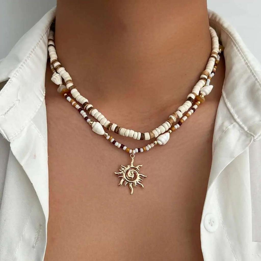 Ingemark 4 Styles Faddish Unique Sun Pendant Necklace for Men Creative Coconut Husk Rice Beads Chokers Necklace Jewelry Gifts