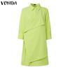 VONDA Women Casual Turn Down Collar Long Sleeve Front Cross Shirt Dress