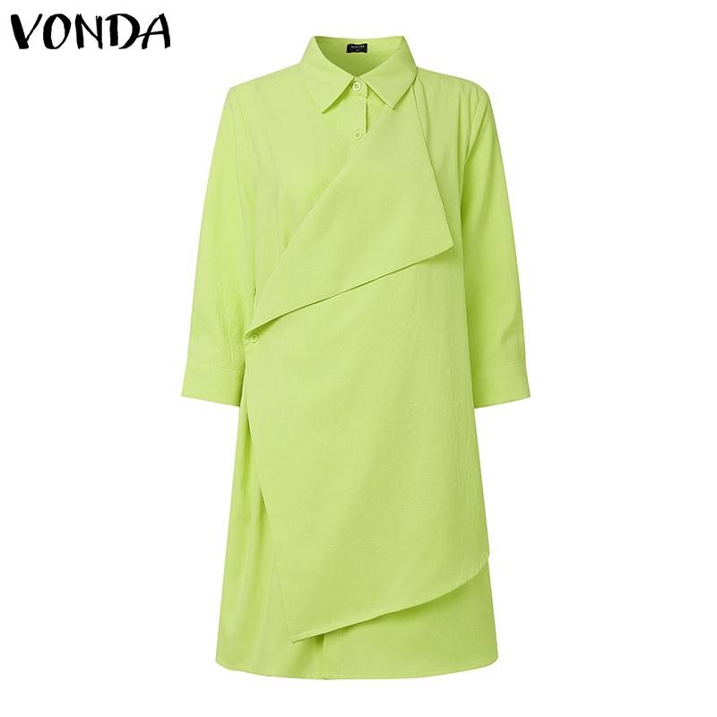 VONDA Women Casual Turn Down Collar Long Sleeve Front Cross Shirt Dress