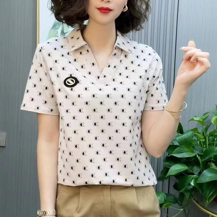 Mom Summer T-shirt Short-sleeved Women's New Lapel Large Size Polo Neckline Shirt Fashionable Top