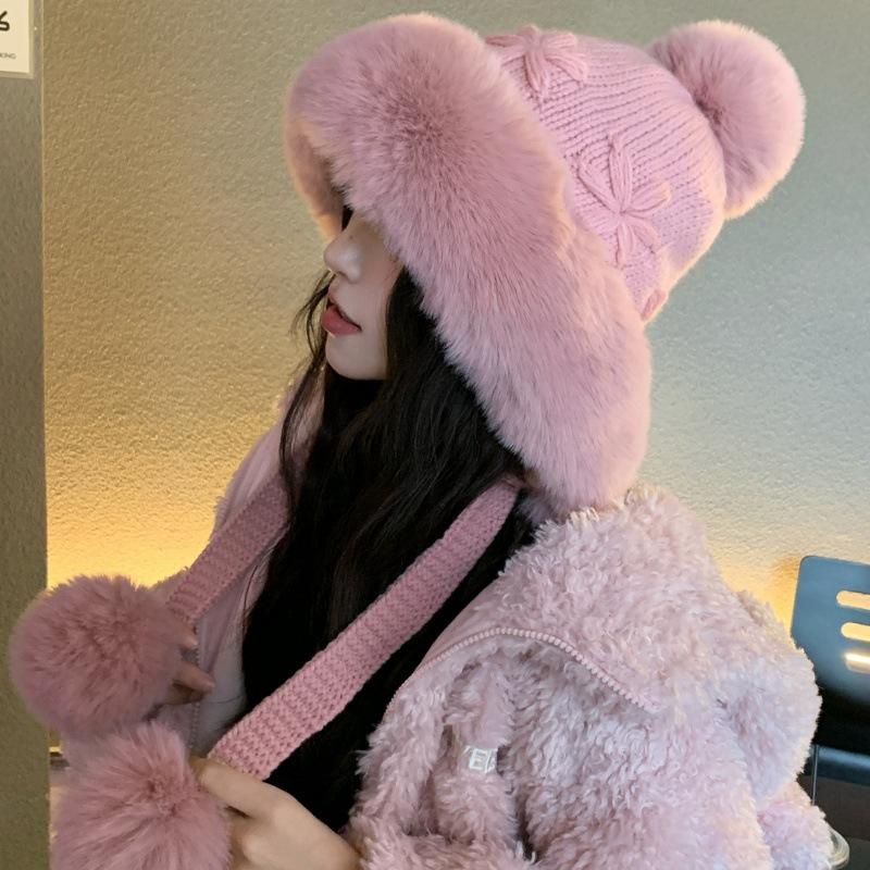 Winter plush lace-up knitted ear protector, thickened plush warm windproof hat, cold-proof hat, cute