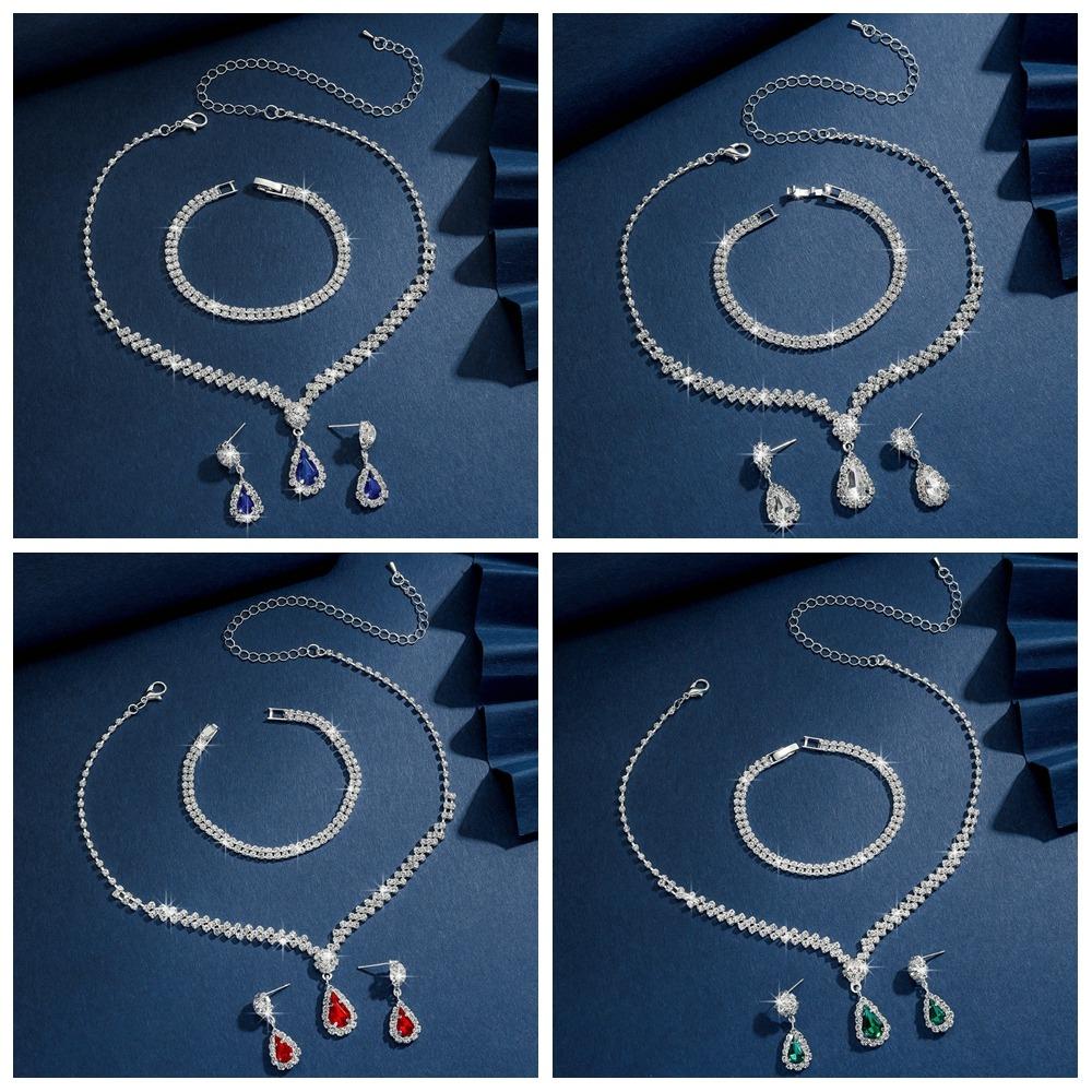 Shiny Necklace Earnail Set Round Droplet Wedding Rhinestone Set Brilliant Luxury Bracelet Holiday