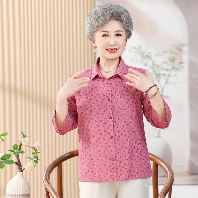

Spring Autumn Pure Cotton Loose Shirt for Middle-aged & Elderly Women - Long Sleeve Casual Cardigan XL for 80-105 pounds розовый