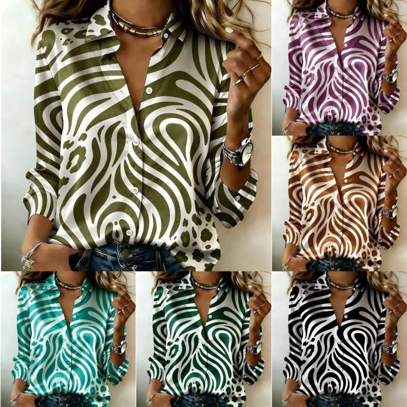 Women Satin Long Sleeve Shirt Abstract Swirl Leopard Print Blouse Lapel Single Breasted Loose Office Tops