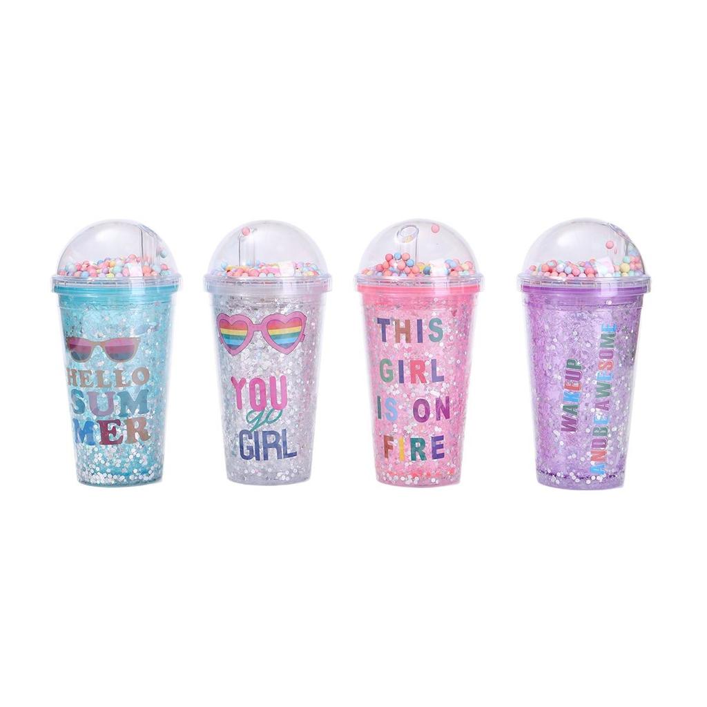 Water bottle summer simple creative digital plastic cup double vacuum cute student straw cup portable gift crushed ice cup