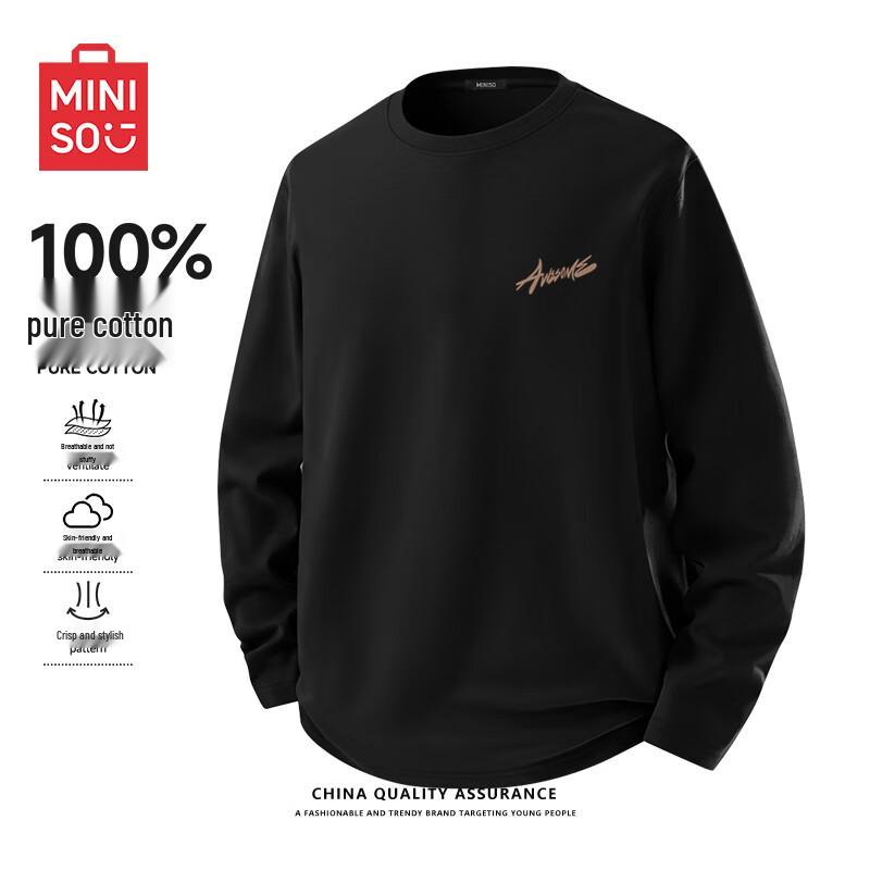 MINISO Men's Pure Cotton Long Sleeve T-Shirt with MK Graffiti Badge