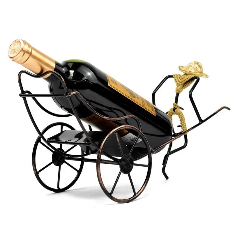 Chinese Style Retro Wrought Iron Wine Rack Gift Ideas Rickshaw Wine Bottle and Glass Holder Bar Home Decoration