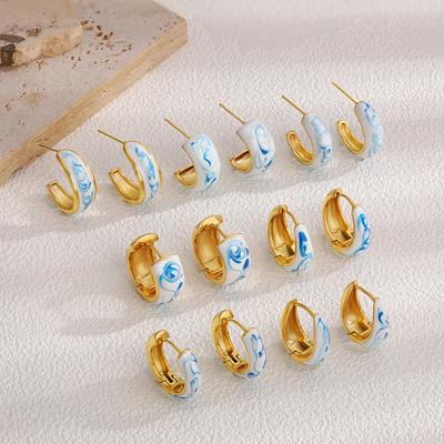 Trendy Blue White Enamel Flower Hoop Earrings Stainless Steel Gold Plated Geometric Circle Ear Studs Vintage Jewelry Gift