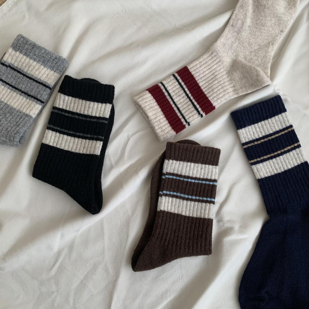 New Year'S Wool Socks Striped Contrasting Basic Korean Thickened Mid-Cut Women'S Socks Pit Strips To Keep Warm