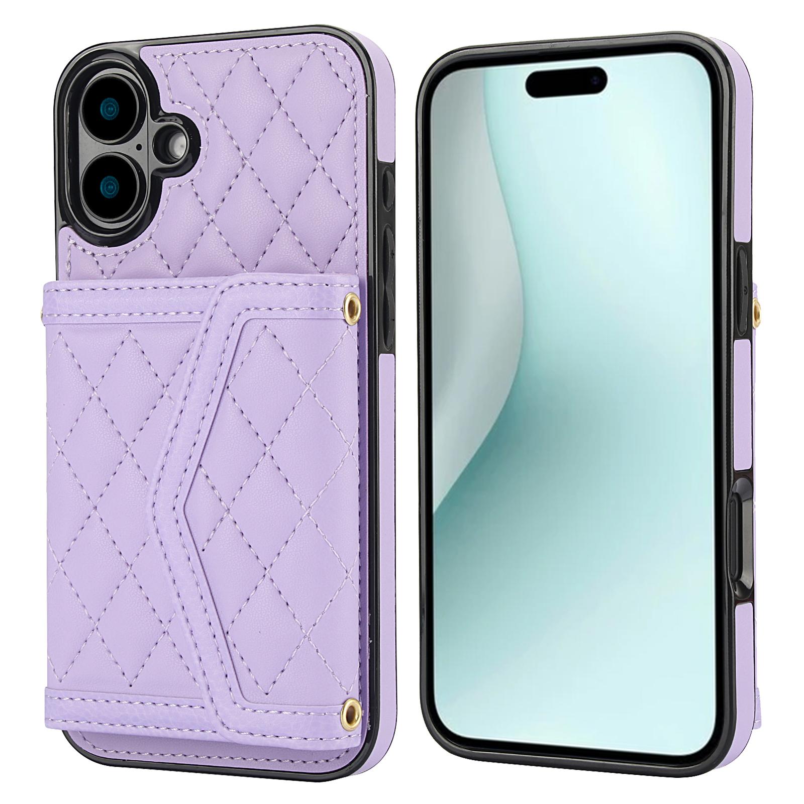 

For iPhone 16 Plus Case Card Holders RFID Blocking PU Leather+TPU Phone Cover with Shoulder Strap Purple
