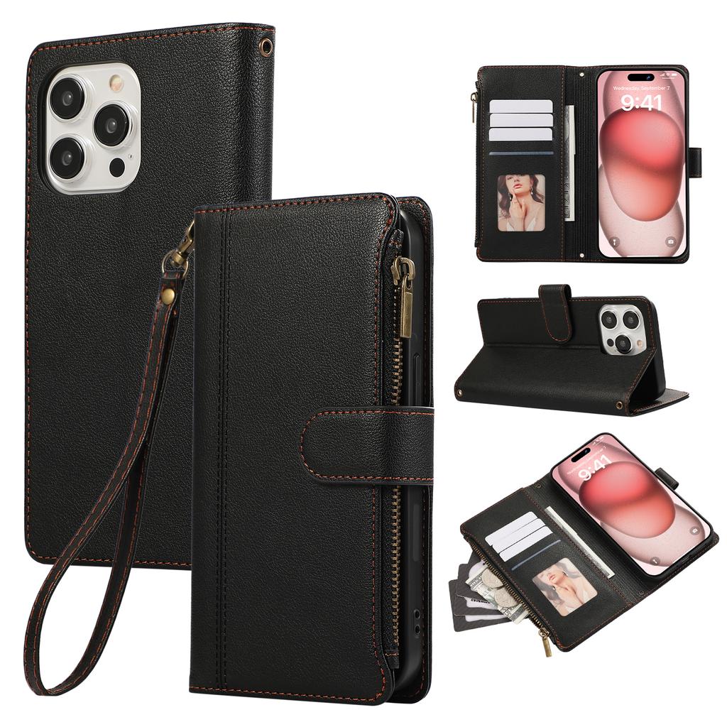 For iPhone 16 Pro Case Multi Card Slots Zipper Leather Phone Cover with Wrist Strap