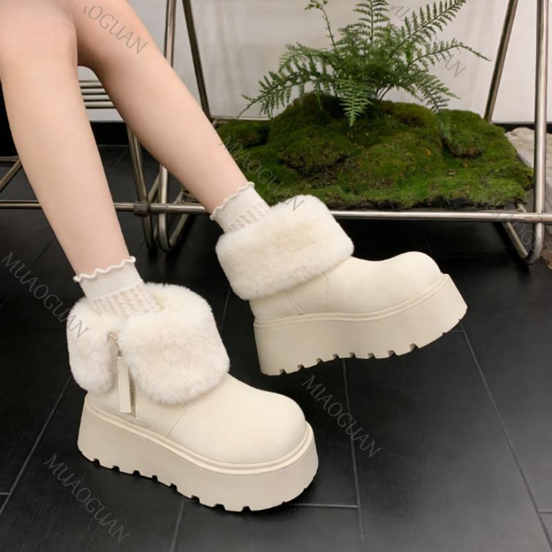 

Winter Fashion Thick Sole Women Fur Snow Boots Outdoor Comfortable Shoes Solid Color Warm No Slip Female Cotton Footwears 35 бежевий