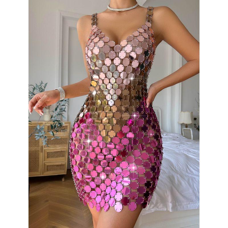 

Acrylic Fashion 2023 Amazon Hot Sale Sexy Nightclub Handmade Patchwork Pure Color Dress 20664 Rose Red All yards