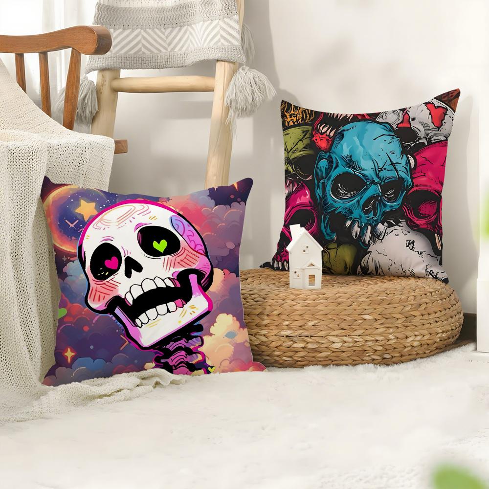 Colorful Skull Cool Cushion Cover Plush Fabric Soft Double-Sided Printed Sofa Warm Winter Home Child Gift Pillow Case