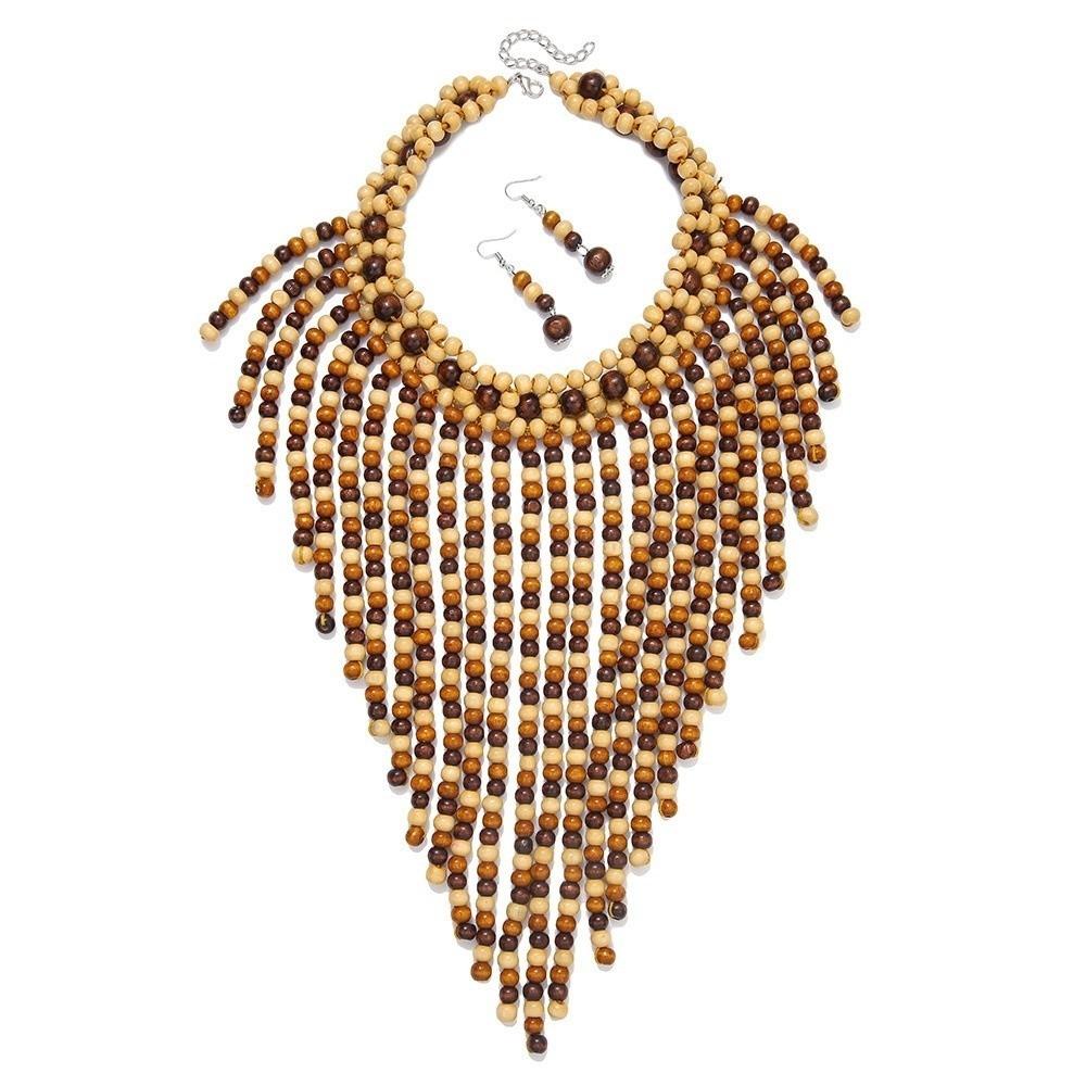 Handmade Jewelry Set Wood Tassel Necklace Luxury Necklace Earrings Set Evening коричневый