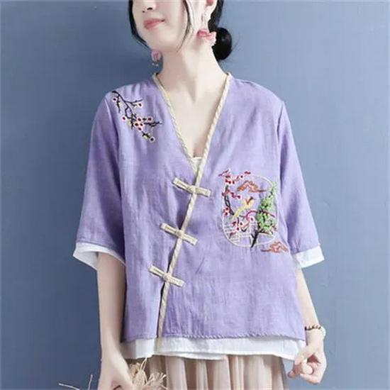 

Women s Ethnic Cotton-Linen Embroidered V-Neck Mid-Sleeve Shirt Dress
