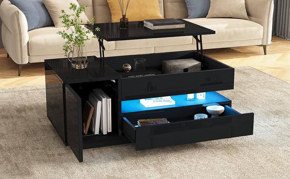 Mesa de centro elevable de 95*50*40 cm con 1 cajón, 1 armario, LED, Alto brillo, Almacenamiento oculto, Almacenamiento semiabierto, Negro
