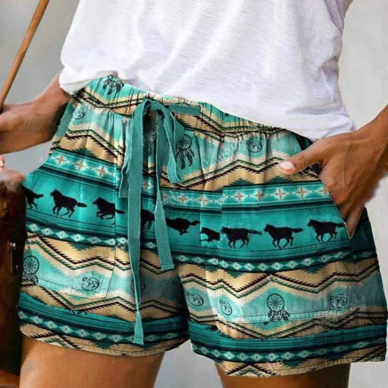 Female Waistband Elastic Trendy Shorts Sweat Absorbing Thin Retro Print Drawstring Loose Shorts