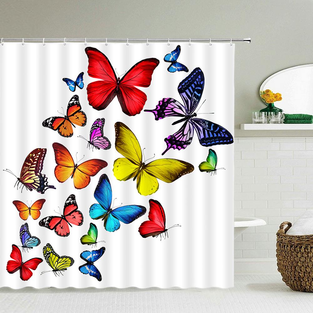 High Quality Flower Plant Leaves Fabric Shower Curtain Waterproof Beautiful Butterfly Bath Curtains for Bathroom Decor with Hook