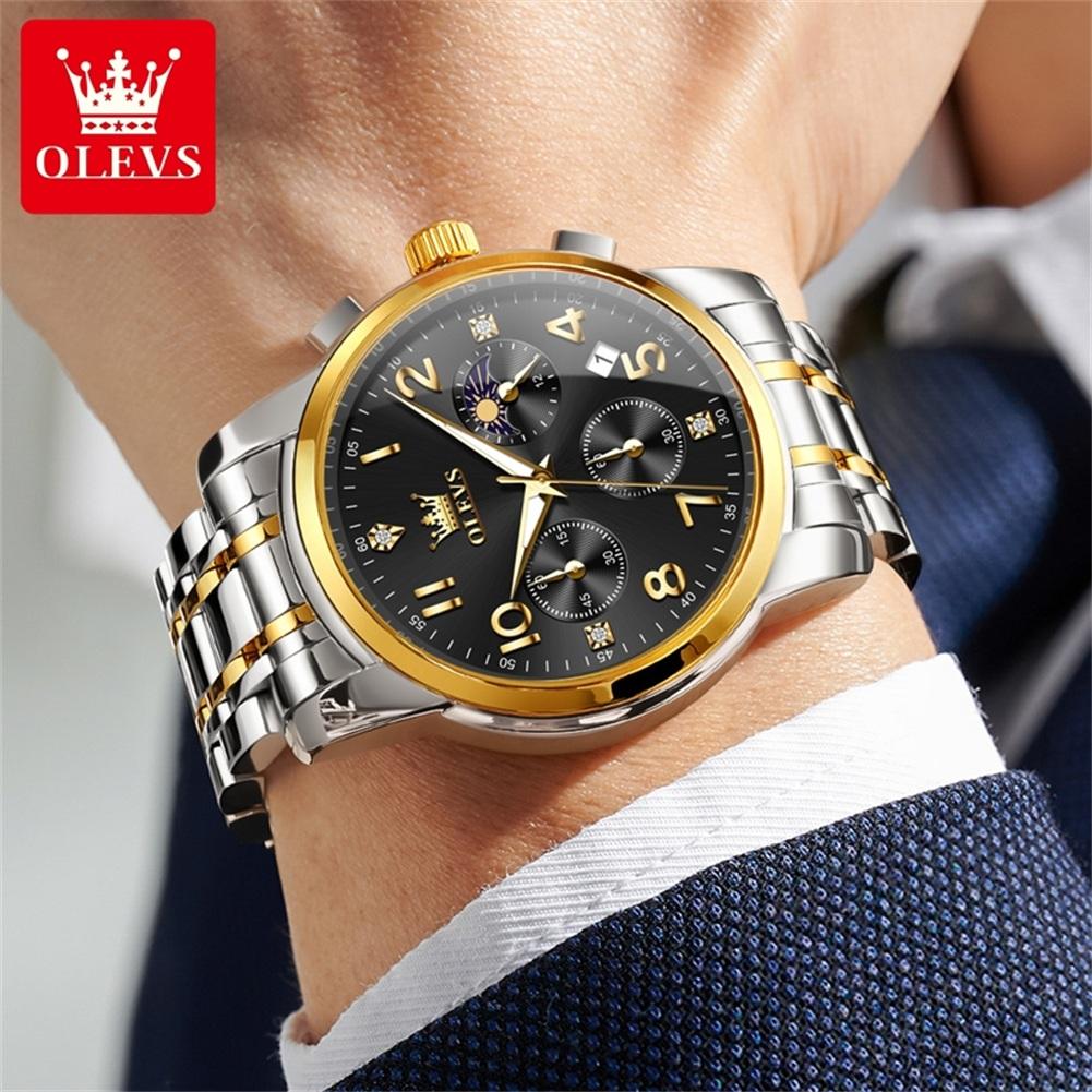 OLEVS Mulitifunction Quartz Watch for Men Original Stainless Steel Waterproof Luminous Chronograph Moon Phase Man Watch