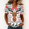 Casual Kerst V-hals Top met Korte Mouwen en Feestelijke Print voor Vakantiefeest