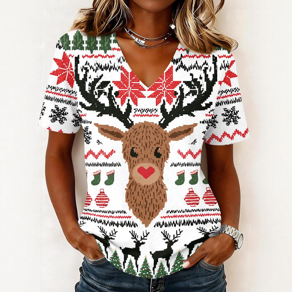 Casual Kerst V-hals Top met Korte Mouwen en Feestelijke Print voor Vakantiefeest