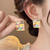 French Retro Oil Painting Colorful Geometric Square Earrings Women Dopamine Enamel Studs