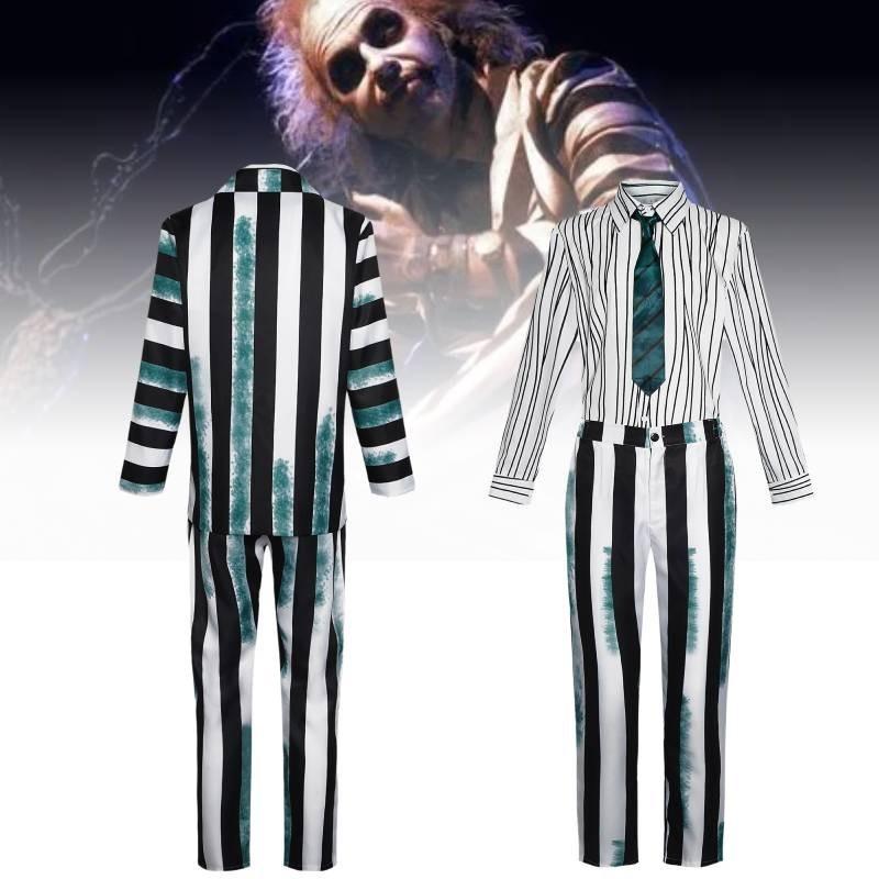 Snygg Beetlejuice Cosplay-dräkt med gröna, svarta och vita ränder Mjukt tyg