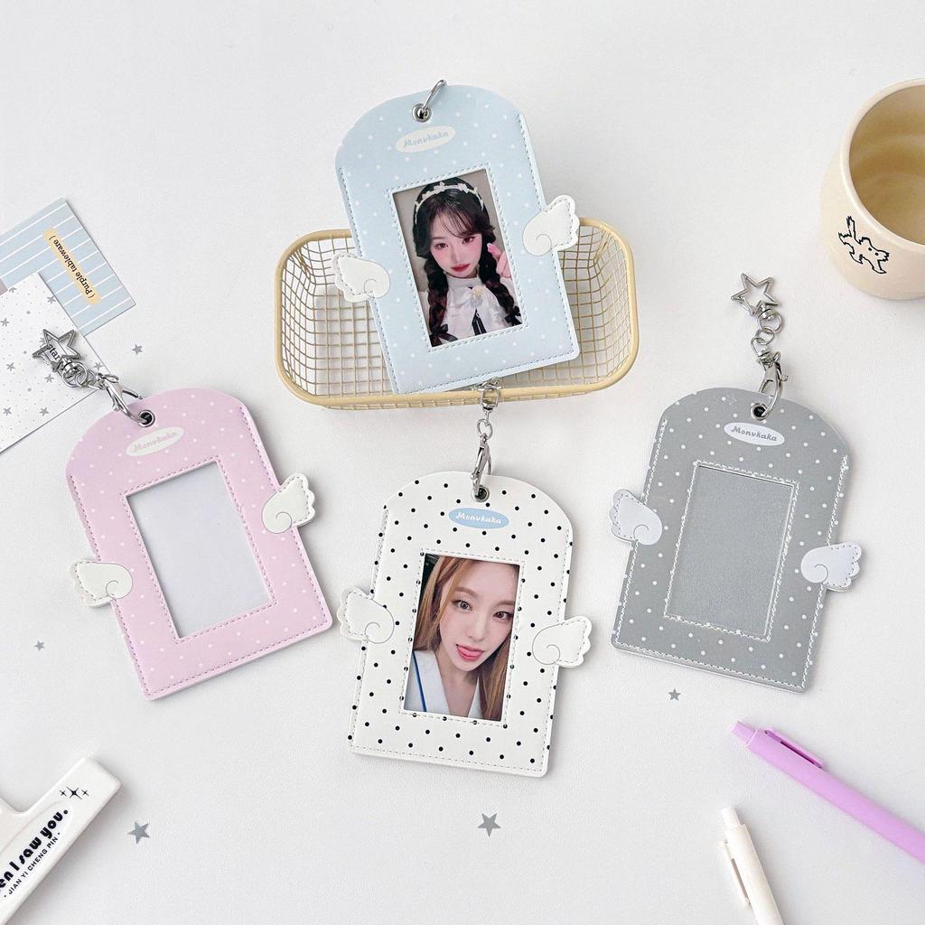 Angel Polka Dot Leather Card Holder with Stargazer Wings - 3-Inch PU Card Holder Bag Pendant.