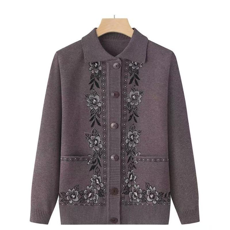 Babiččin pletený klopový všestranný kardiganový svetr kabát pro lidi středního věku a starší jarní podzimní oblečení pro maminku starou paní top