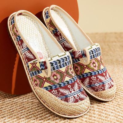 Women's Order A Size Up Cloth Shoes Women's Linen Straw Woven Casual Shoes Sandals Mori Half Slipper Shoes Ethnic Style Embroidered Flax Slippers