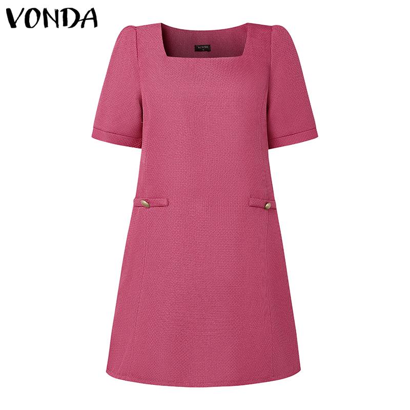 

VONDA Women Elegant Square Collar Short Sleeve Texture Casual Mini Dress M