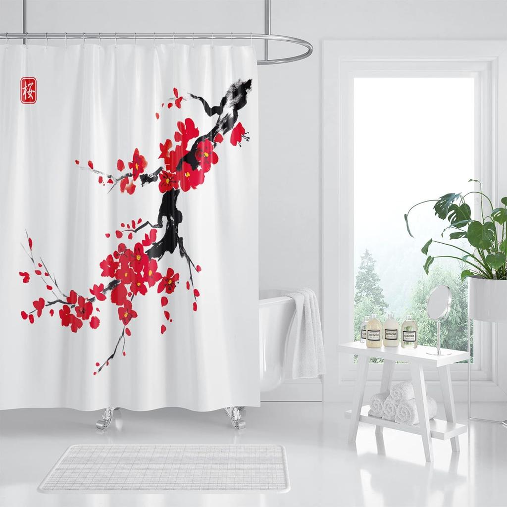 Pink Cherry Blossom Shower Curtain, Japanese Sakura Floral Shower Curtain Set, Plant Flower Cherry Shower Curtains For Bathroom