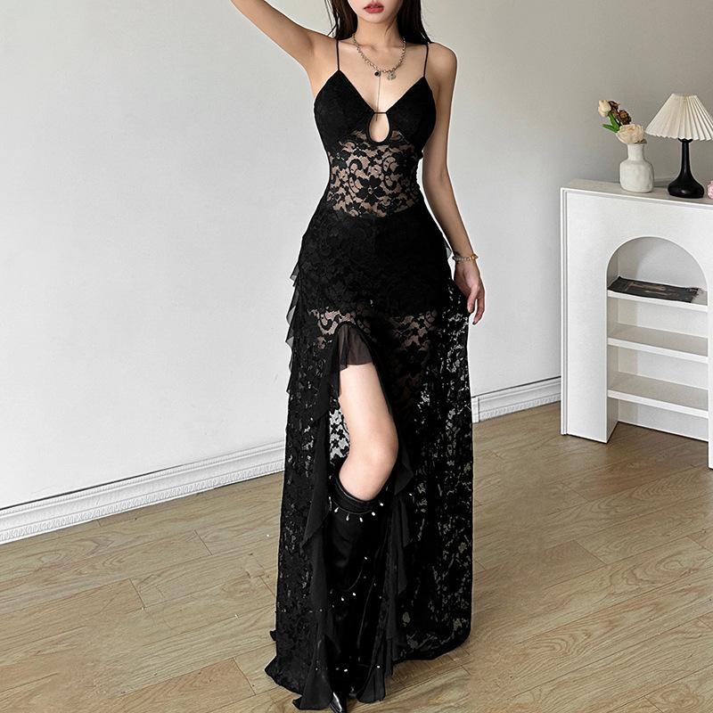 Summer New Women's Solid Color Slim Fit High Waist Fashion V-neck Strap Mesh Dress