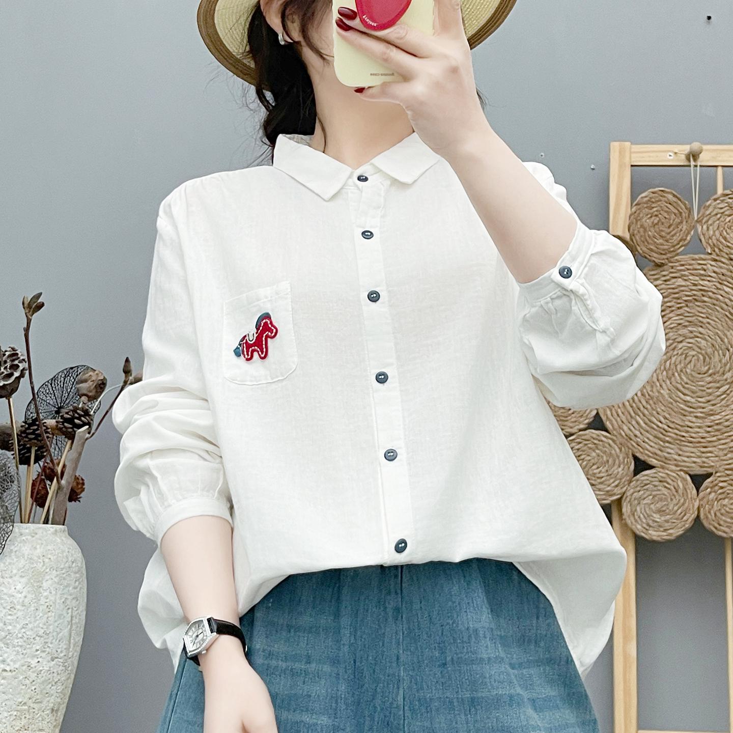 

Women s Double-Layer Long-Sleeve Cotton Shirt - Fashionable, Artistic Style with Small Horse Embroidery, Year of the Horse Red. M (recommended for 50-65 kg)