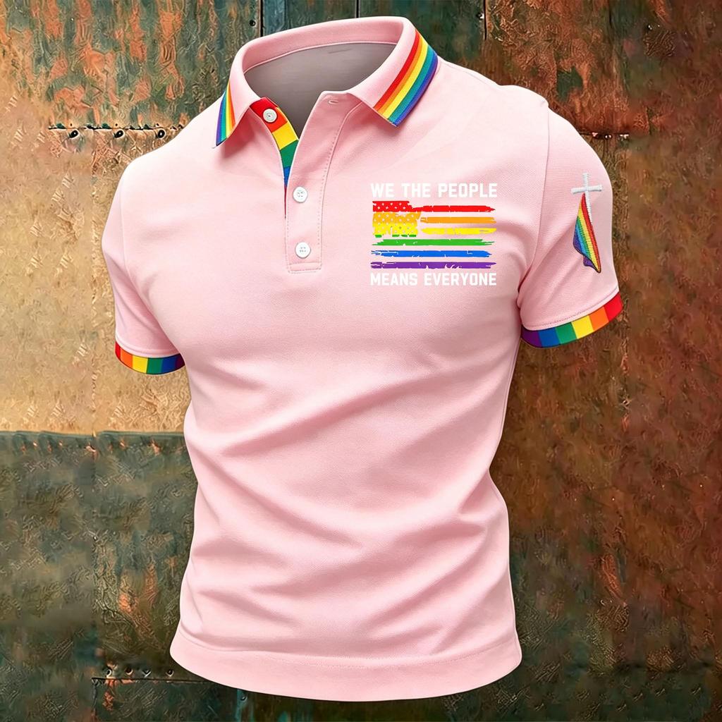 Men's Casual Polo Shirt Short Sleeve Gradient Print Classic Fit Button Down Collar Soft Breathable Fabric Top