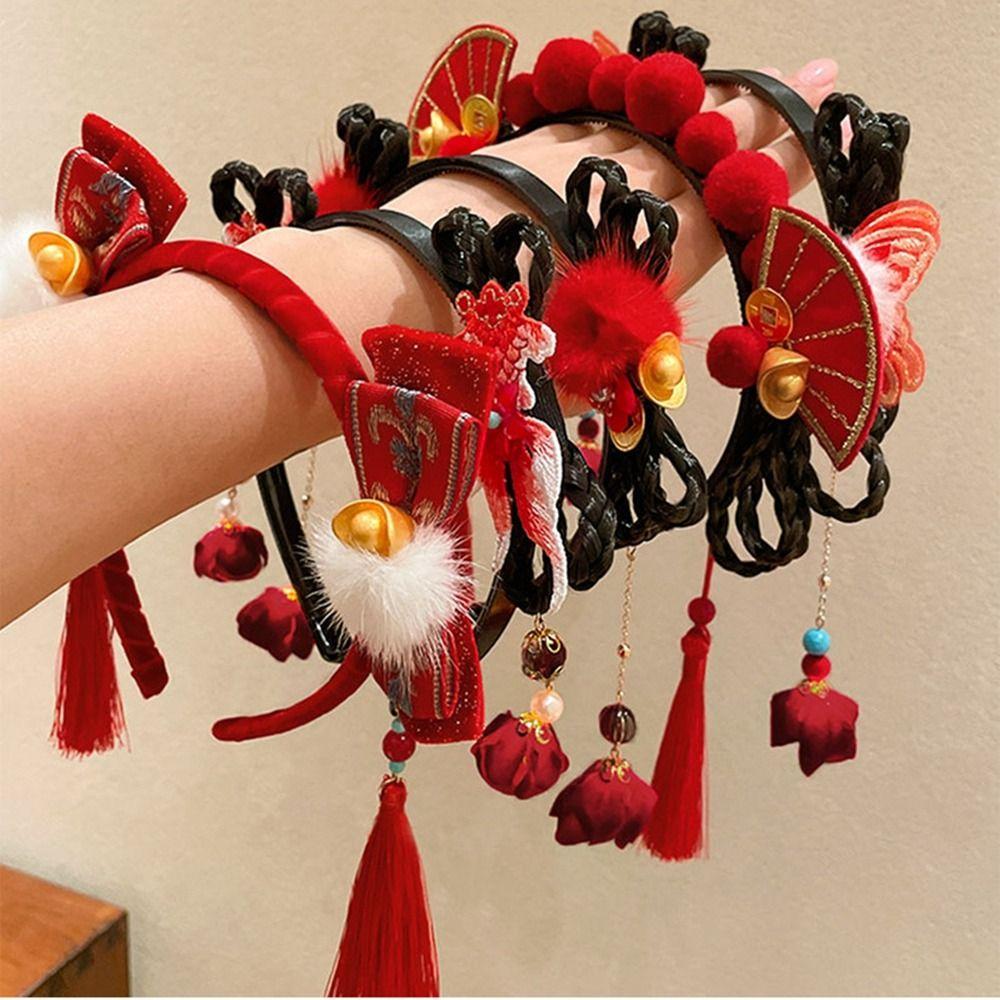 Braid Hair Children Wig Headband Flower Red Bow Hairband Cute Chinese New Year Headwear Girls
