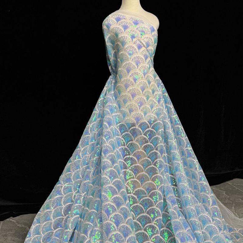 91x130cm Mesh Mermaid Scales Sequin Embroidery Fabric Kids Stage Performance Costume Handmade DIY Lace Designer Fabric