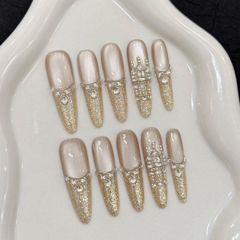 

Original Handmade Wear Armor Goddess Crown Nude Color Flash Slender Model French Diamond in the Debris Accessible Luxury Handmade Nail Stickers XS-fine dog tip(Send a full set of tools)