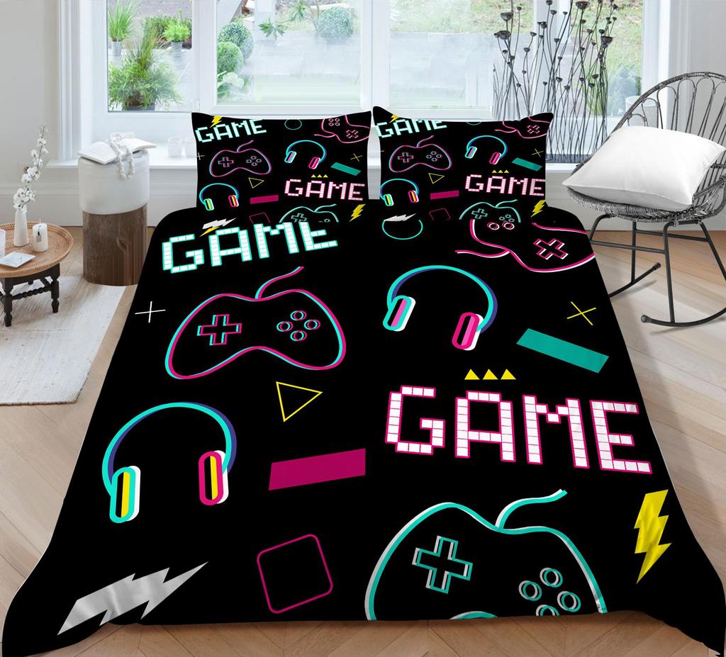 3D Bedding Single Double Bed Game Machine Printed Pillowcase and Quilt Cover 2/3 Pieces for Boys and Men Game Lovers Comfortable Household Bedding