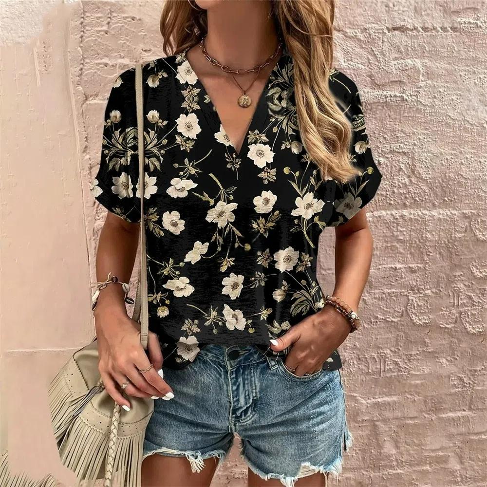 S-8XL Plus Size Crushed Flower Casual T Shirts Streetwear Casual Women's Short Sleeve Tops Tees V Neck T-shirt Fashion Clothing