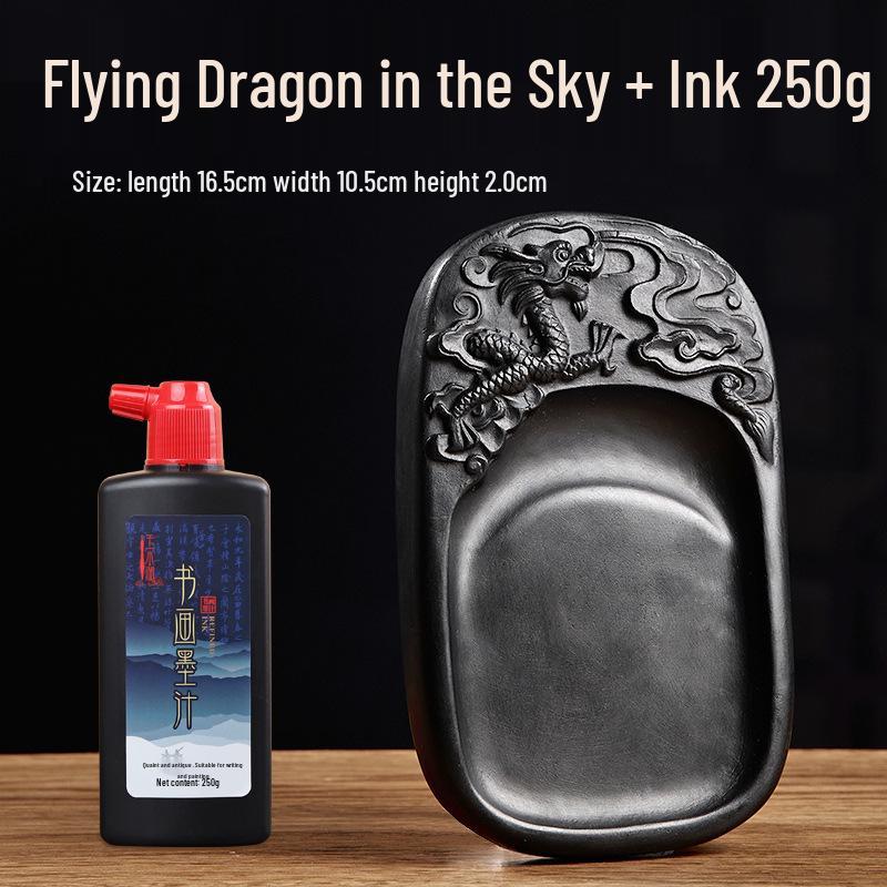 Chengni Inkstone Calligraphy Set: Natural Raw Stone Ink Stick, Duan & She Inkstones, Calligraphy Brush, and Ink Block for Grinding.