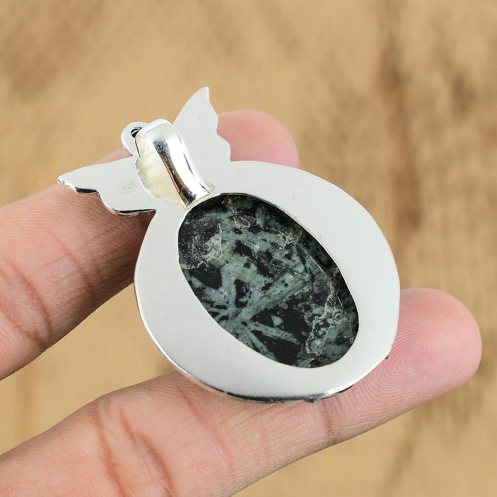Natural Rice Jasper Gemstone Pendant Green 925 Sterling Silver Indian Jewelry