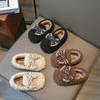 2024 New Girls Moccasin Shoes Bow with Pearls Solid Color Round-toe Children Fashion Plush Cotton Shoes Spring and Autumn Flat
