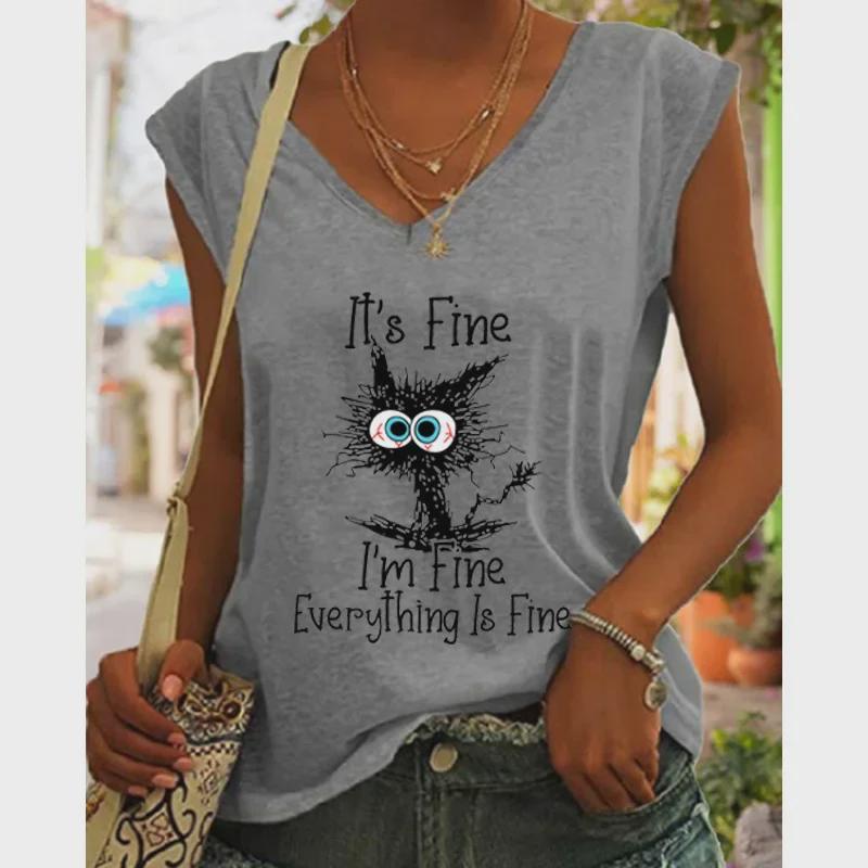 2024 V-Neck Cap Sleeve Black Cat Print Loose Vest